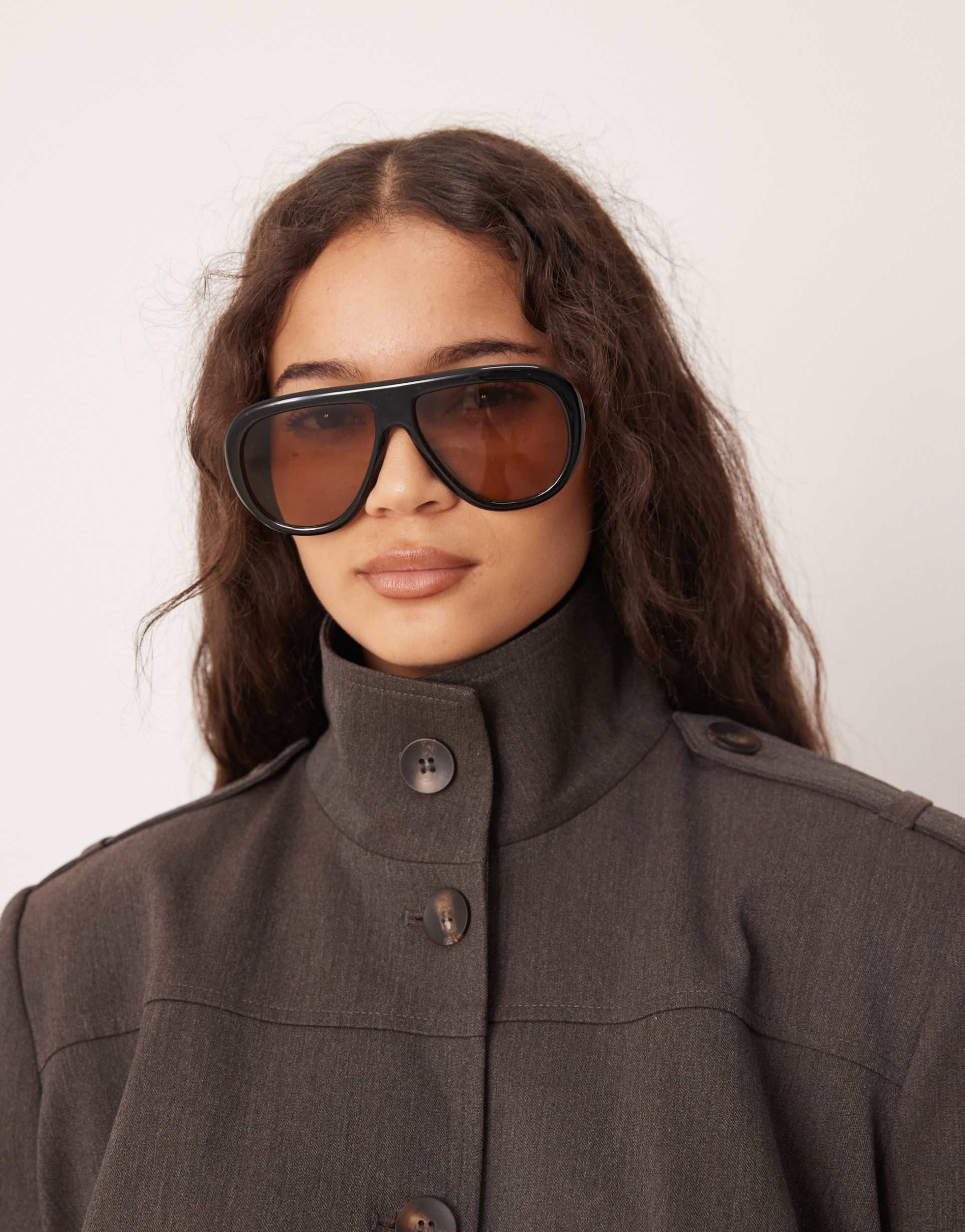 asos design aviator sunglasses with metal arms in black with light brown lenses