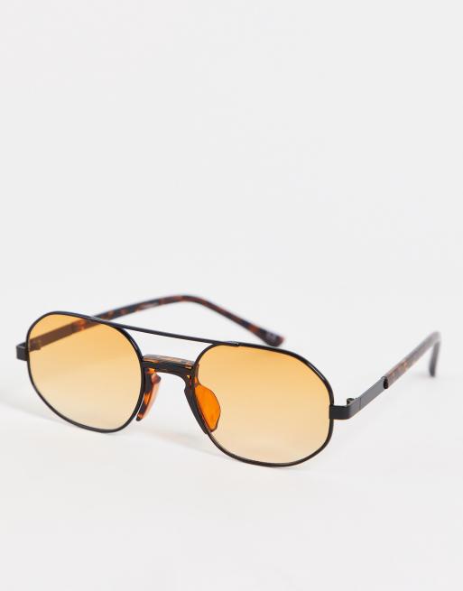 Asos Design Aviator Sunglasses With Orange Gradient Lens And Tortoiseshell Nose Bridge In Black 