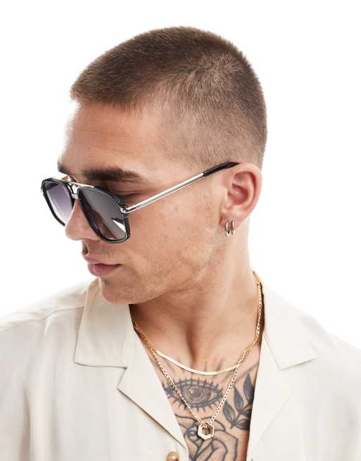 ASOS DESIGN aviator sunglasses with silver chain detail in black gradient, 3 of 4