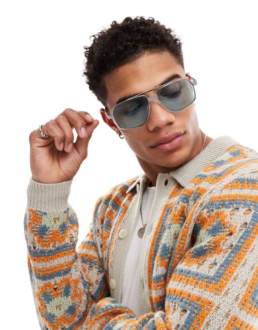 ASOS DESIGN aviator sunglasses with silver frame and blue lenses | ASOS
