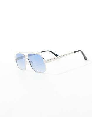 Asos Design Aviator Sunglasses With Silver Metal Frame And Blue Gradient Lens In Silver