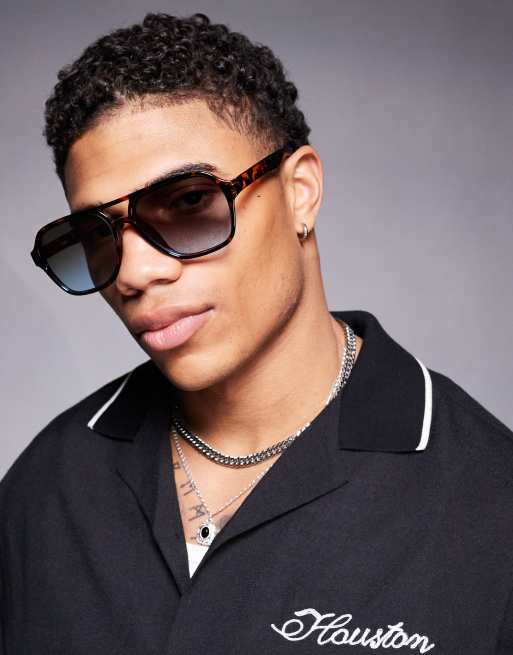 ASOS DESIGN aviator sunglasses with tortoiseshell frame with blue to brown ombre lenses