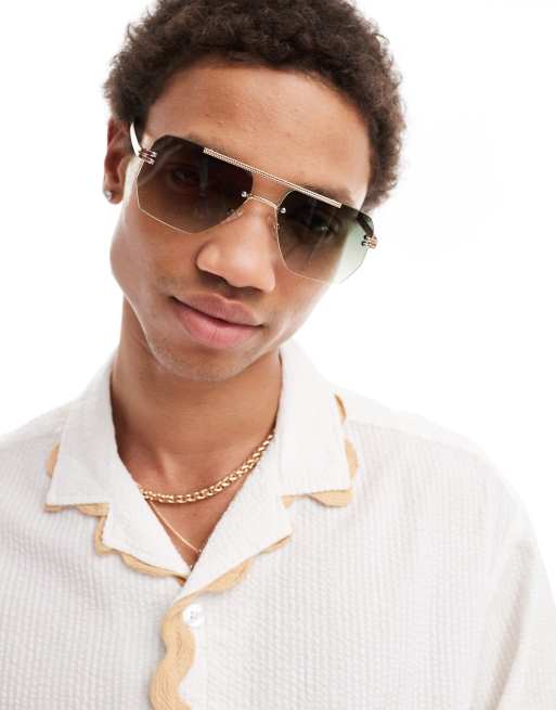 ASOS DESIGN - Aviator zonnebril zonder rand met getextureerd metalen montuur in goud
