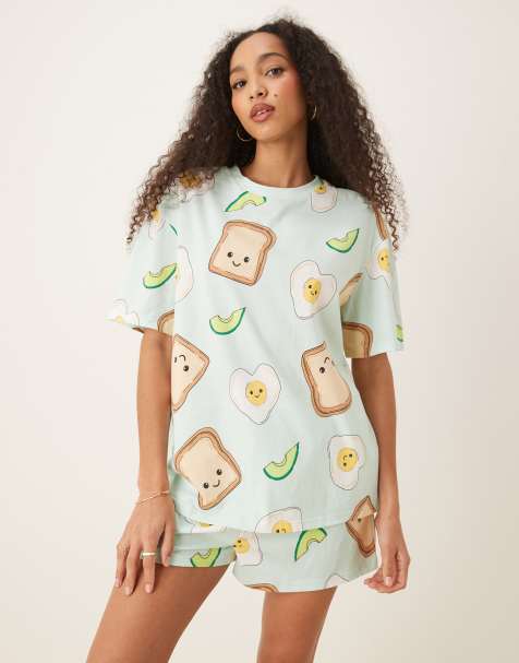 ASOS DESIGN avocado egg on toast oversized tee and short pyjama set in green - view 1