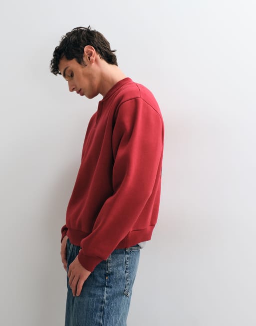 ASOS DESIGN avslappnad bombertröja med henleyknäppning och pigmenttryck i röd polybomull, 3 av 5