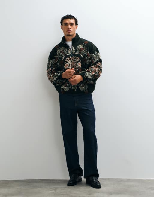 ASOS DESIGN avslappnad borgjacka med dragkedja och tapestry-tryck i grönt, 2 av 5
