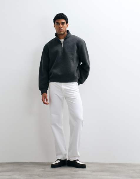 ASOS DESIGN avslappnad boxig tröja med ståkrage och halv dragkedja i scuba-liknande tyg i charcoal - view 1