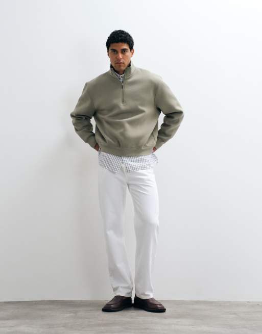 ASOS DESIGN avslappnad boxig tröja med ståkrage och halv dragkedja i scuba-liknande tyg i khaki, 3 av 5
