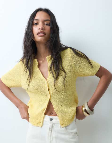ASOS DESIGN avslappnad cardigan med kort ärm i gul slub-jersey - view 1