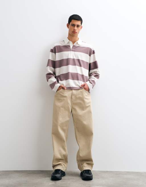 ASOS DESIGN avslappnad långärmad pikétröja med rugbykrage i beige randig, 2 av 5