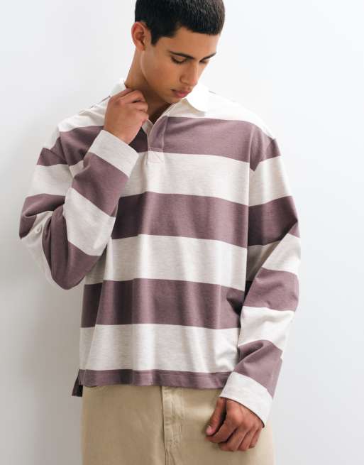 ASOS DESIGN avslappnad långärmad pikétröja med rugbykrage i beige randig, 3 av 5