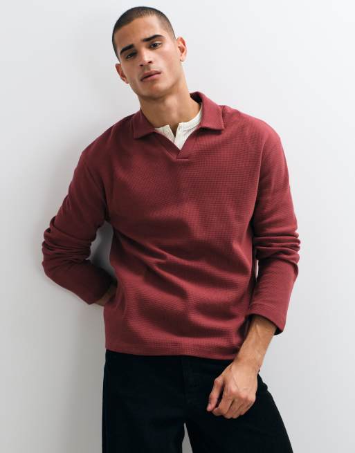 ASOS DESIGN avslappnad långärmad revere-piké i röd våffelstruktur, 2 av 9