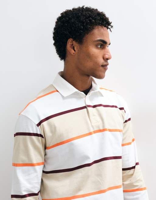 ASOS DESIGN avslappnad långärmad rugbytröja i neutrala ränder, 3 av 5