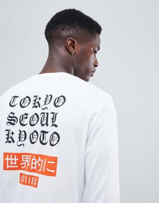 ASOS DESIGN – avslappnad långärmad t-shirt med stads-mönster baktill-Vit