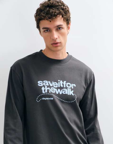 ASOS DESIGN avslappnad långärmad t-shirt med texttryck i grått - view 1