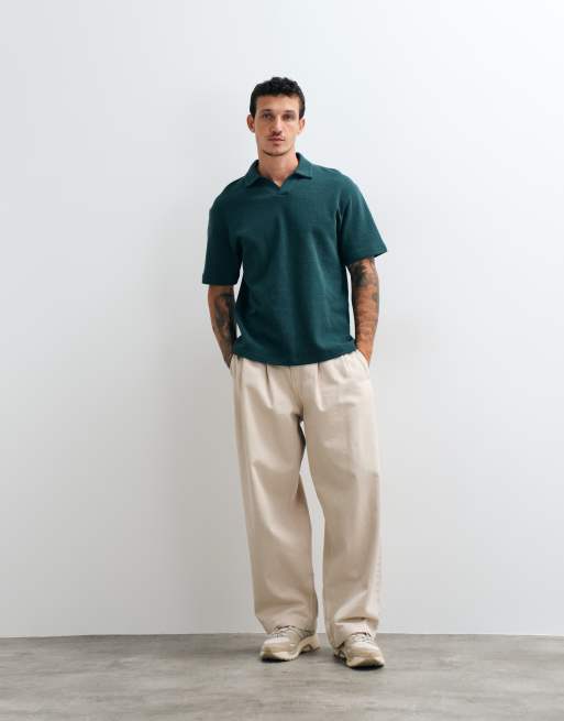 ASOS DESIGN avslappnad pikétröja i mörkgrön våffelstruktur, 2 av 5