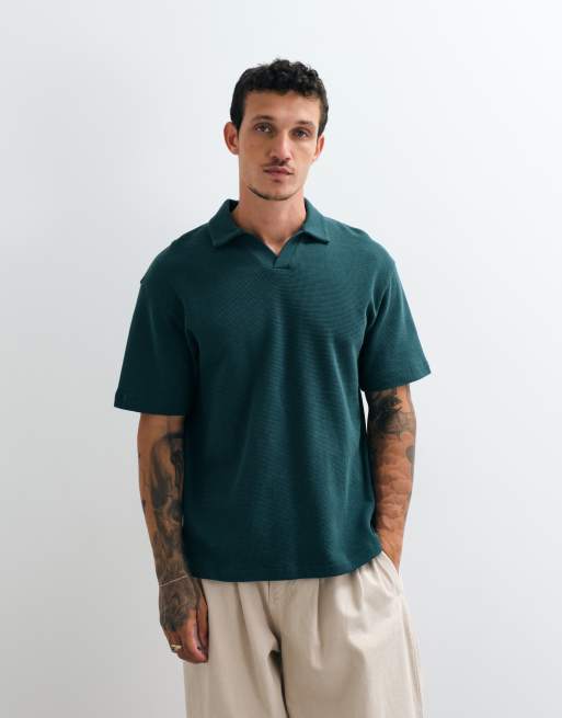 ASOS DESIGN avslappnad pikétröja i mörkgrön våffelstruktur, 3 av 5