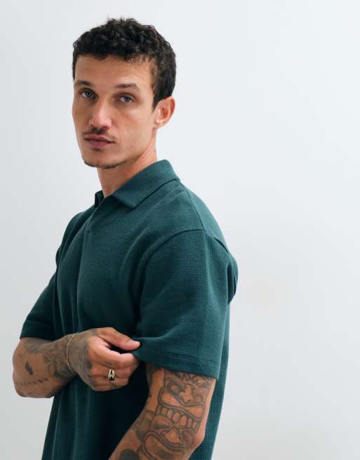 ASOS DESIGN avslappnad pikétröja i mörkgrön våffelstruktur, 5 av 5