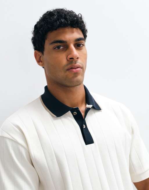 ASOS DESIGN avslappnad pikétröja med kontrasterande krage i krämfärgad bred ribb, 3 av 5