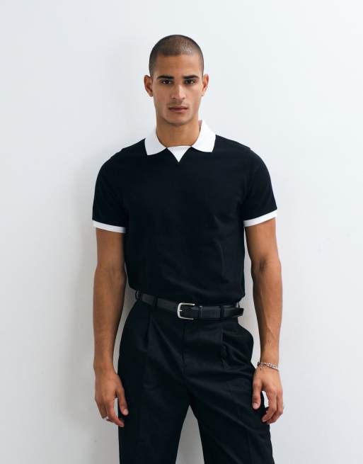 ASOS DESIGN avslappnad pikétröja med kontrastfärg i svart piké, 5 av 5