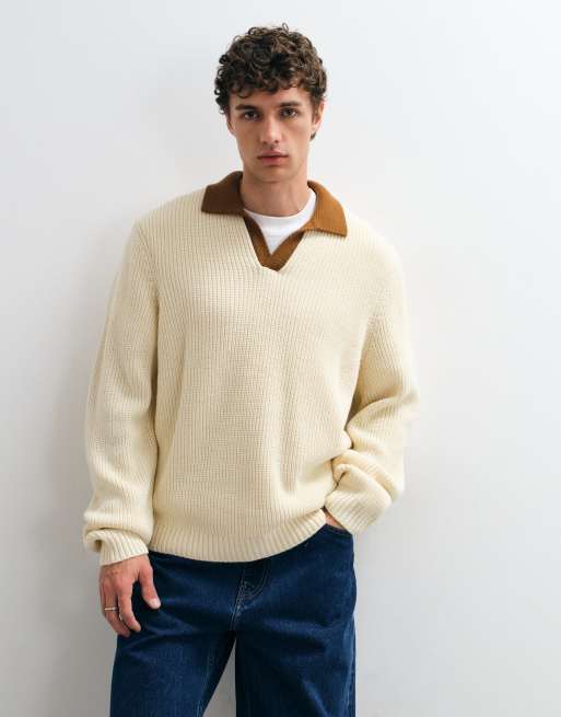 ASOS DESIGN avslappnad stickad piké med kontrastkrage i cream, 2 av 5