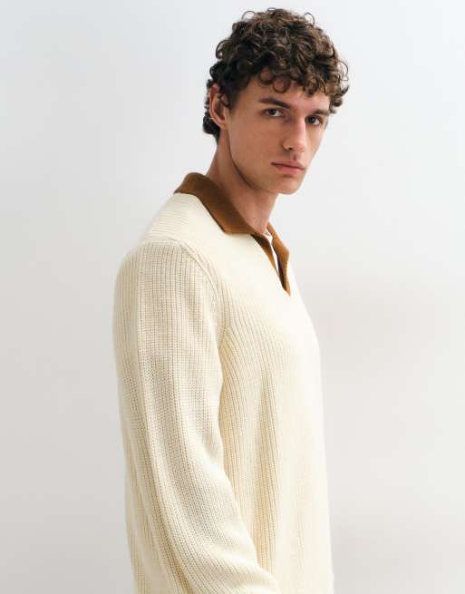 ASOS DESIGN avslappnad stickad piké med kontrastkrage i cream, 5 av 5
