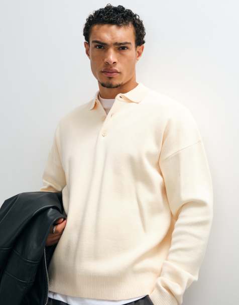 ASOS DESIGN avslappnad stickad pikétröja i naturvit - view 1