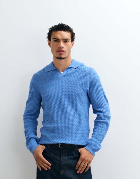 ASOS DESIGN avslappnad stickad texturerad långärmad topp med notch-ringning i blått - view 1