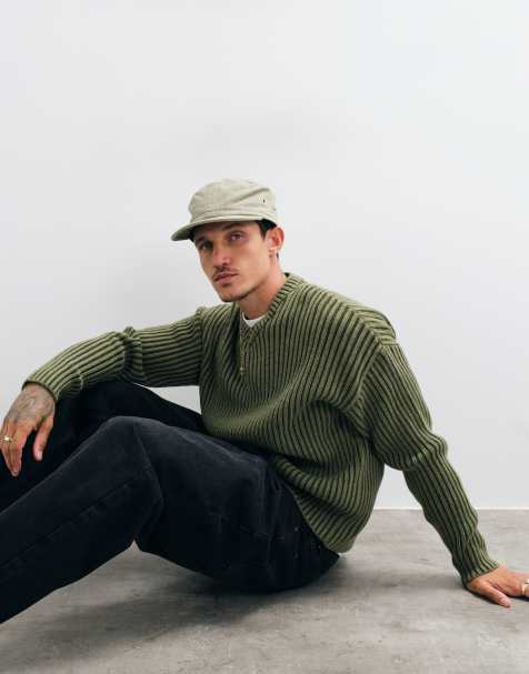 ASOS DESIGN avslappnad stickad tröja med djup v-ringning i khaki med ribbstruktur - view 1