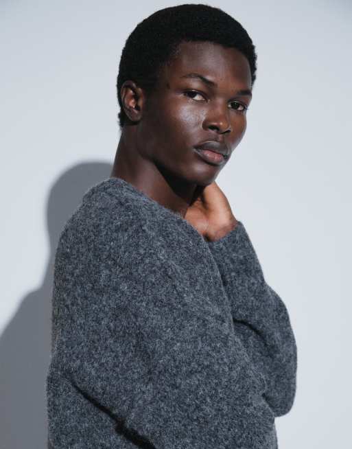 ASOS DESIGN avslappnad stickad tröja med synlig rund halsringning i charcoal, 4 av 5