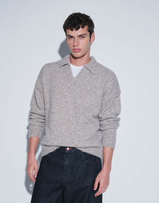 ASOS DESIGN avslappnad stickad tröja med synlig söm och notch-krage i taupe, 5 av 5