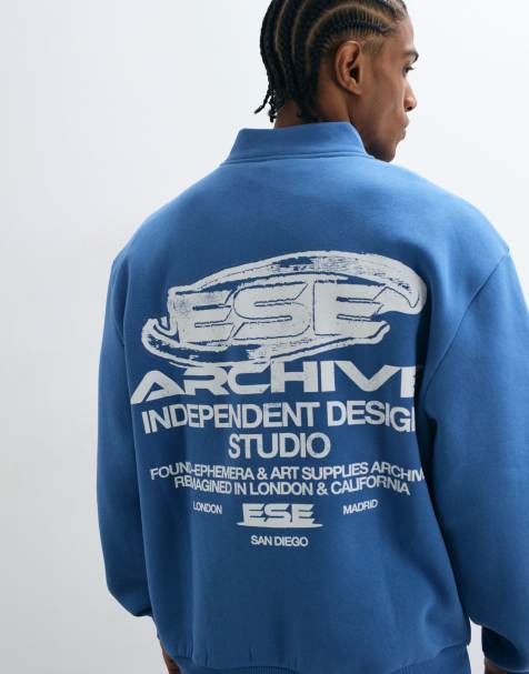 ASOS DESIGN avslappnad sweatshirt med halvlång dragkedja och tryck i blått - view 1