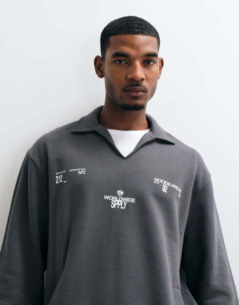 ASOS DESIGN avslappnad sweatshirt med polokrage och kragsprund, dragsko i fållen och tryck i grått - view 1