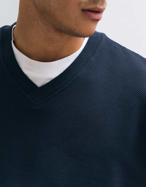 ASOS DESIGN avslappnad sweatshirt med v-ringning i jacquardtyg i marinblått, 2 av 5