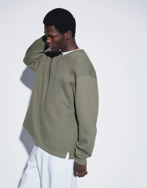 ASOS DESIGN avslappnad sweatshirt med v-ringning i scuba-liknande tyg i khaki, 3 av 5