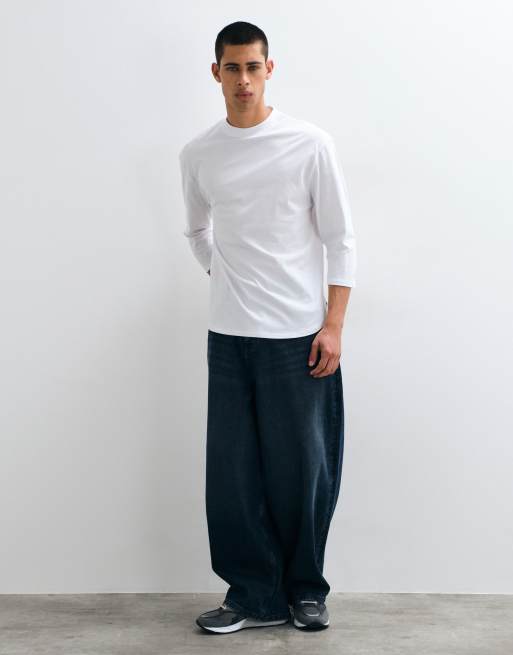 ASOS DESIGN avslappnad t-shirt i 3/4-längd med rundad fåll i vitt, 3 av 9