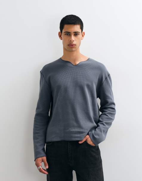 ASOS DESIGN avslappnad t-shirt med notch-ringning i charcoal waffle - view 1