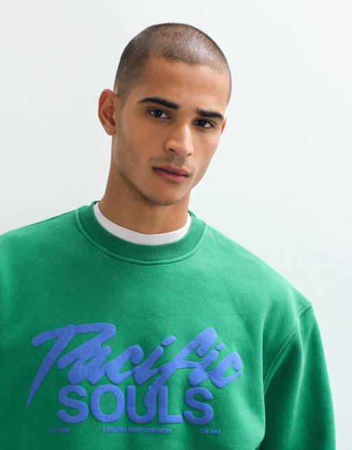 ASOS DESIGN avslappnad tröja med rund halsringning och kontrasterande pufftryck i grönt, 4 av 5