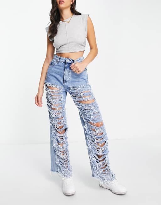 ASOS DESIGN – Avslappnade dad jeans med extra mycket revor