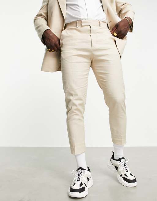 ASOS DESIGN – Avsmalnande kostymbyxor i neutralt linneblandat material
