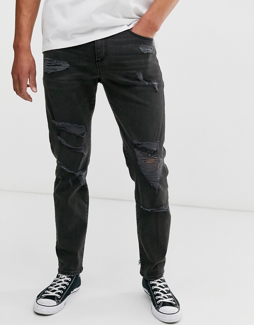 ASOS DESIGN – Avsmalnande, slitna jeans i svart tvätt, 12,5 uns