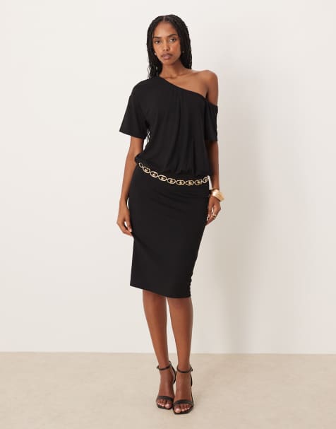 ASOS DESIGN awkward length dress with slouchy off shoulder detail in black - view 1