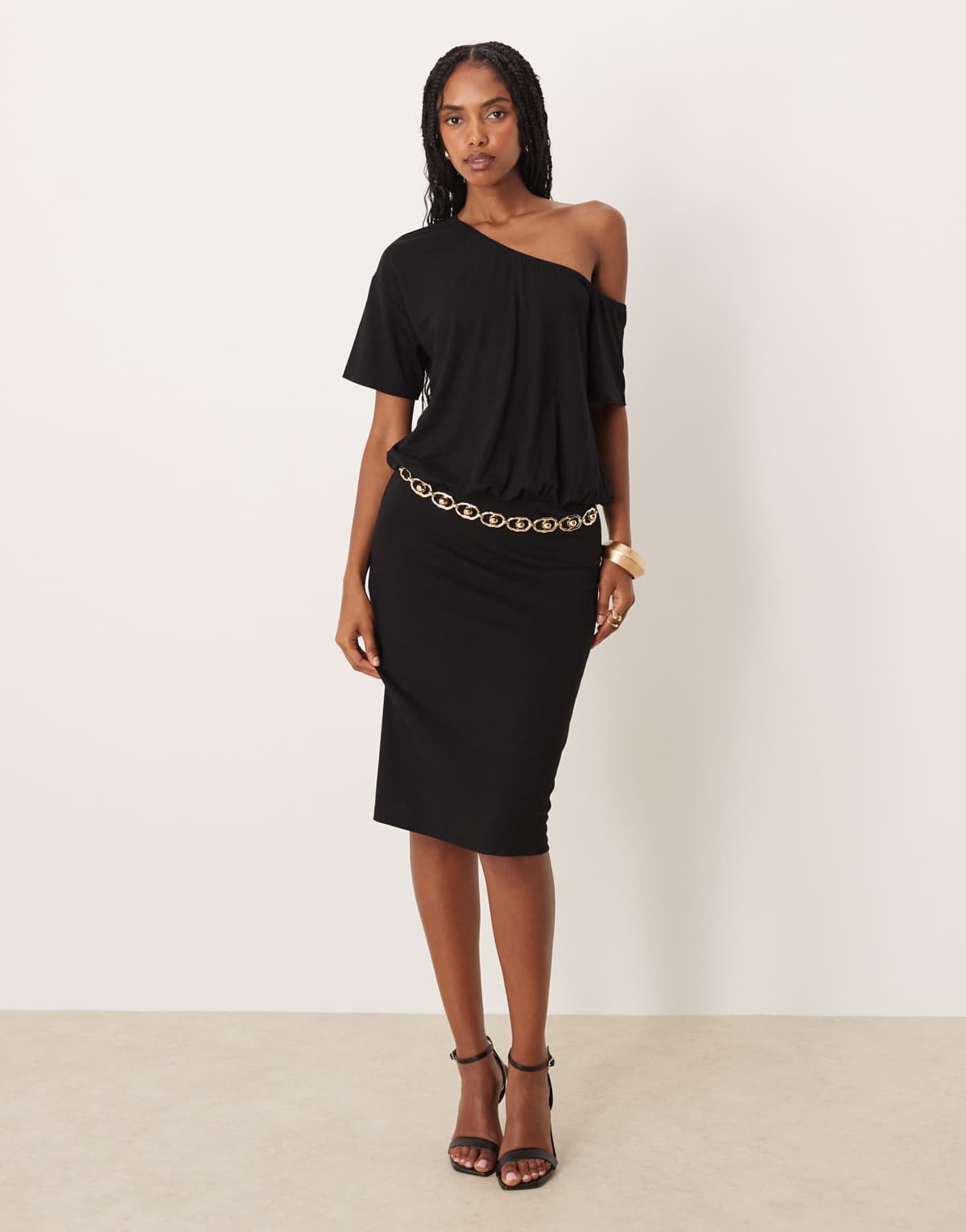 ASOS DESIGN awkward length dress with slouchy off shoulder detail in black