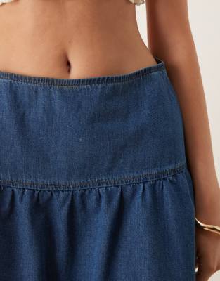 Asos Design Awkward Length Drop Waist Denim Skirt In White