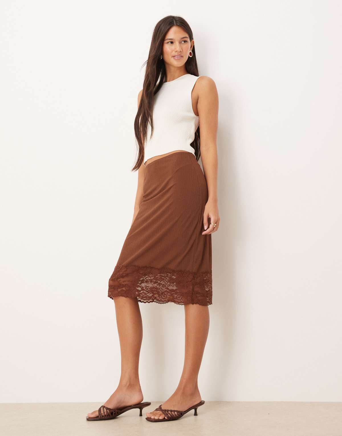 ASOS DESIGN awkward length gauzy sheer rib skirt with lace trim in brown