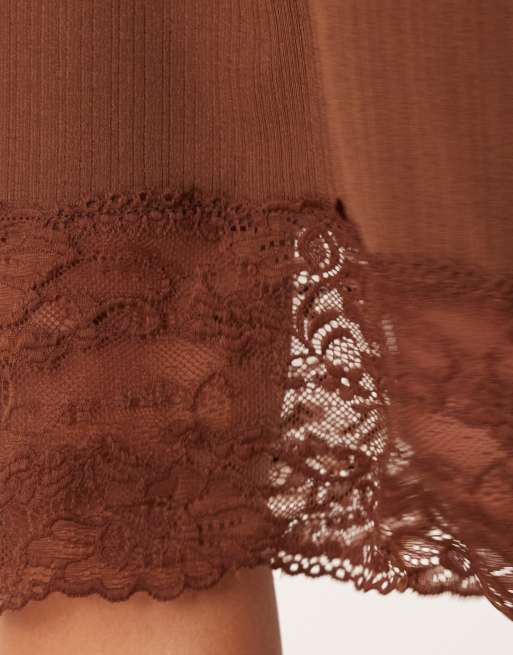 ASOS DESIGN awkward length gauzy sheer rib skirt with lace trim in brown