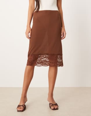 Asos Design Awkward Length Gauzy Sheer Ribbed Skirt With Lace Trim In Brown