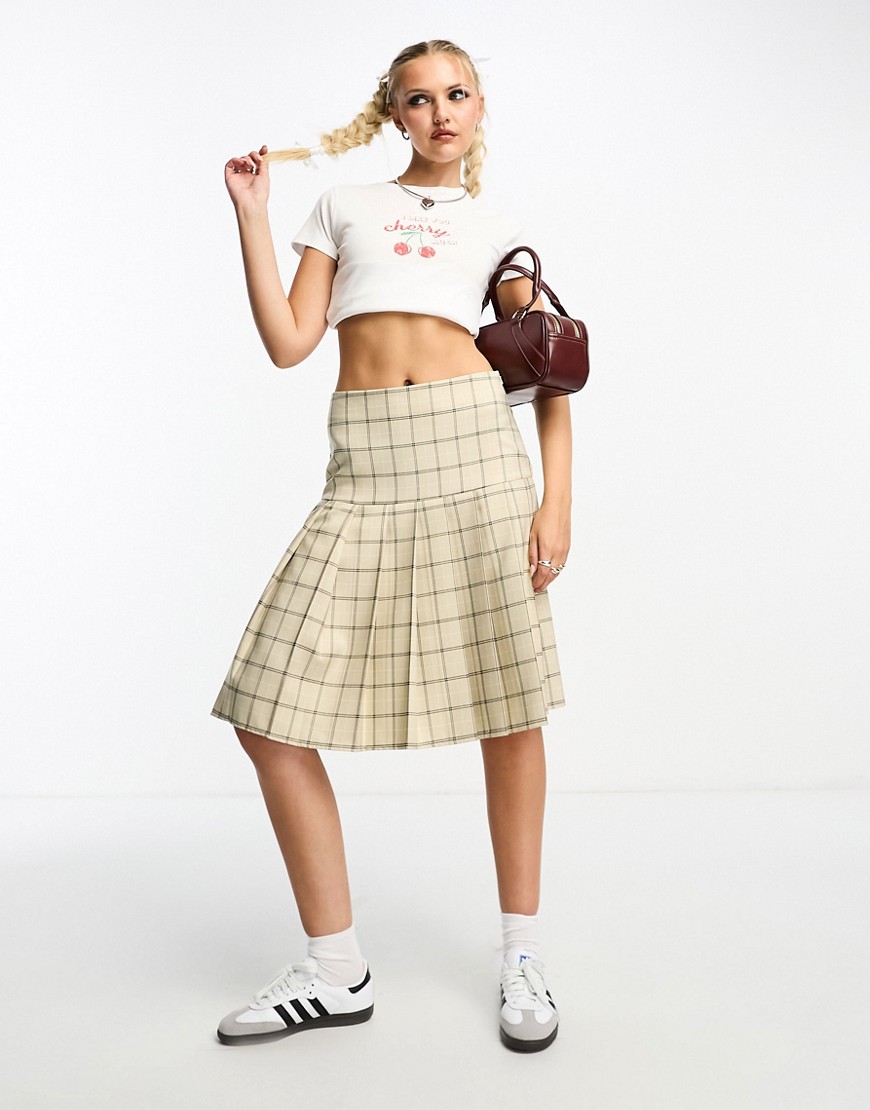 Asos Design Awkward Length Pleated Midi Skirt In Beige Check-neutral