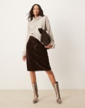 [ASOS DESIGN] ASOS DESIGN awkward length skirt in flocked denim-Brown S Brown