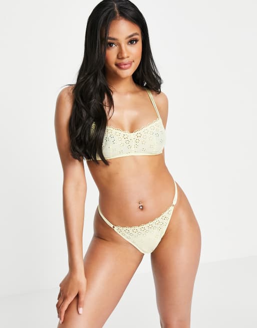 ASOS DESIGN Ayla broderie thong in lemon